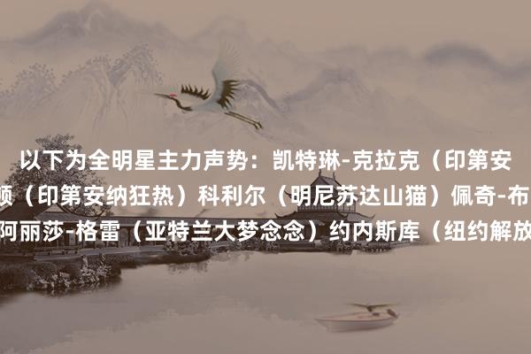 以下为全明星主力声势：凯特琳-克拉克（印第安纳狂热）阿丽亚-波士顿（印第安纳狂热）科利尔（明尼苏达山猫）佩奇-布克斯（达拉斯飞翼）阿丽莎-格雷（亚特兰大梦念念）约内斯库（纽约解放东说念主）布里安娜-斯图尔特（纽约解放东说念主）欧古米克（西雅图风暴）萨图-萨巴利（凤凰城水星）阿贾-威尔逊（拉斯维加斯王牌）以下为全明星替补声势：索尼娅-西特隆（华盛顿精巧东说念主）基基-伊里芬（华盛顿精巧东说念主）斯凯拉-狄金斯（西雅图风暴）莱恩-霍华德（亚特兰大梦念念）凯尔希-米切尔（印第安纳狂热）普拉姆（洛杉矶火花）安吉尔-里斯（芝加哥天外）阿丽莎-托马斯（凤凰城水星）凯拉-桑顿（金州瓦尔基里）考特尼-威廉姆斯（明尼苏达山猫）加比-威廉姆斯（西雅图风暴）杰姬-杨（拉斯维加斯王牌）    世界杯买球体育信息